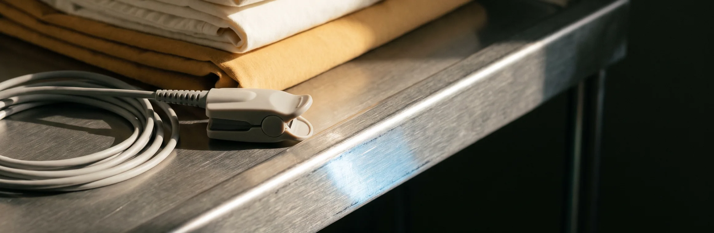 A folded stack of cream cotton linens and a fingertip oxygen sensor with its cable coiled beside it, on the brushed steel edge of a trolley.